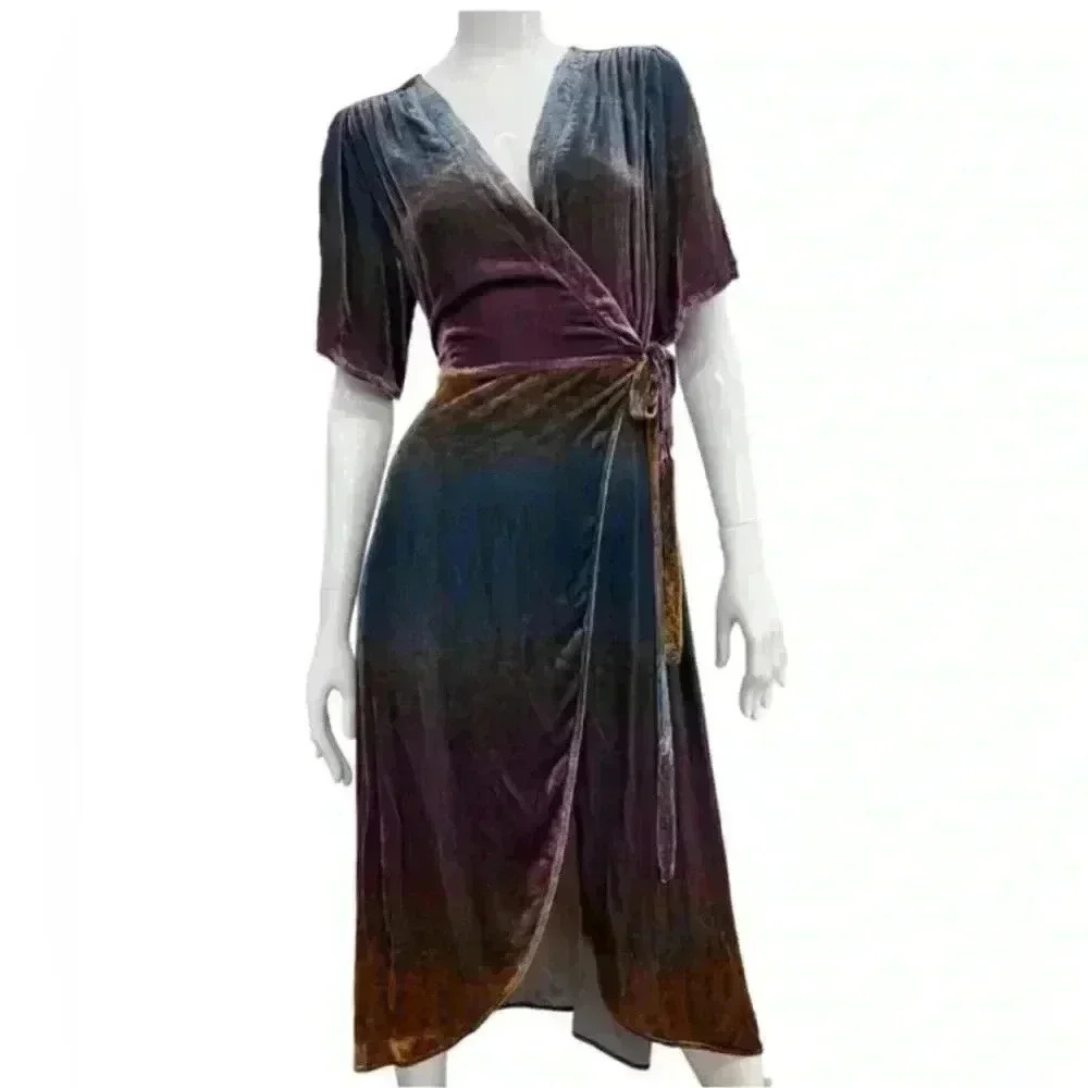 NWOT JOHNNY WAS Ombre Cheetah Print Velvet Midi Silk Wrap Dress Size XS - Picture 10 of 16